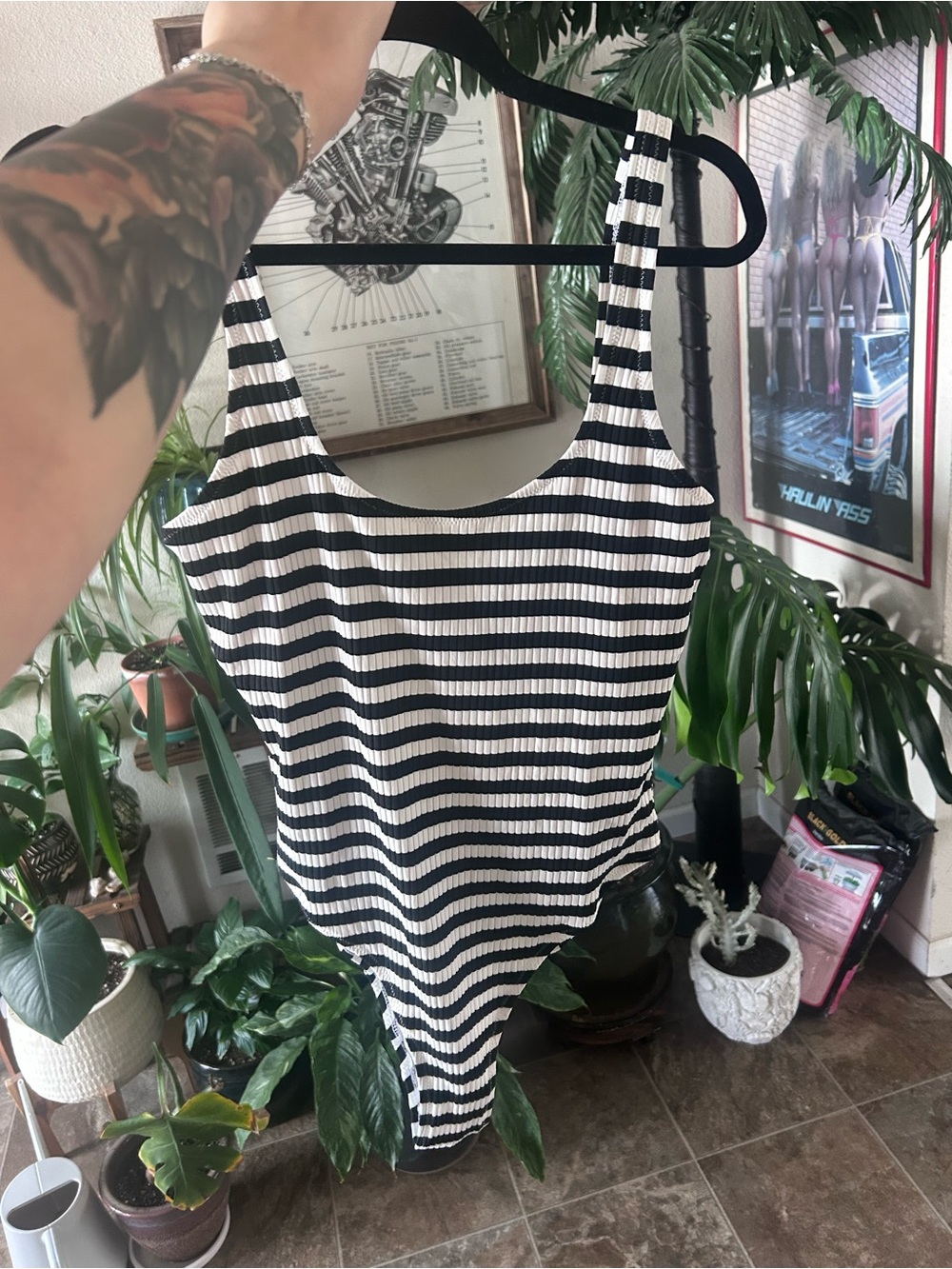 Black and White Striped One-Piece Swimsuit